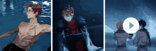 three animated images of a man swimming a man standing and a play button