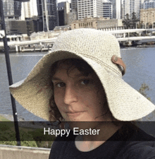 a woman wearing a hat with the words happy easter written below her