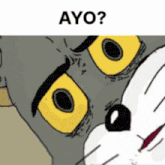a cartoon of a cat with big yellow eyes and the words " ayo " above it
