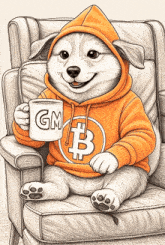a drawing of a dog wearing a hoodie and holding a cup that says gm