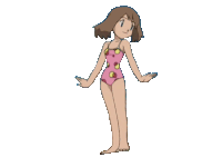 a cartoon girl in a pink swimsuit is standing with her hands outstretched