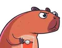a cartoon drawing of a capybara holding a glass of red liquid