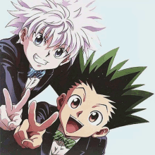 a couple of anime characters are giving a peace sign