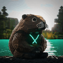 a statue of a beaver with a green x on his chest