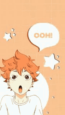 a cartoon of a boy with orange hair and a speech bubble that says ooh .