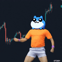 a man with a blue cat on his head is dancing in front of a graph