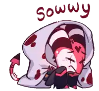 a cartoon drawing of a devil wrapped in a blanket with the word sowwy written above it