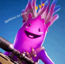 a purple monster is holding a sniper rifle with the words ggellinho na shop written below it