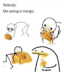 a cartoon of a person eating a mango and a duck eating a mango .