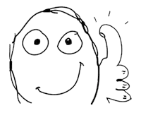 a black and white drawing of a smiley face giving a thumbs up