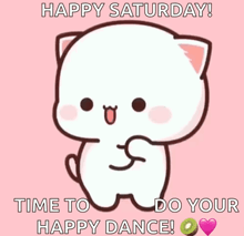 a cartoon cat is dancing on a pink background with the words `` happy saturday time to do your happy dance '' .