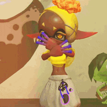 a cartoon character with a flower on her head is covering her mouth with her hands
