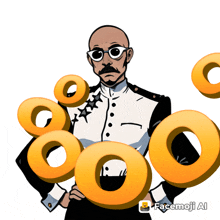 a cartoon of a man holding a bunch of donuts with facemoji ai written below him