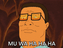 a cartoon of a man wearing glasses and the words mu wa ha ha ha