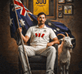 a man sitting in a chair holding a flag next to a goat