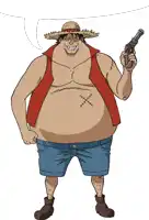a cartoon character with a straw hat and a gun