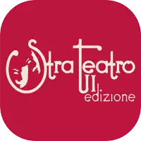 a logo for stra teatro edizione with two faces on a red background