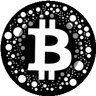 a black and white circle with a bitcoin symbol in the middle surrounded by white dots .