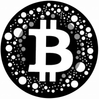 a black and white circle with a bitcoin symbol in the middle surrounded by white dots .