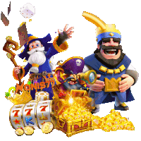 a wizard and a king are surrounded by treasure and a slot machine with the number 7 on it