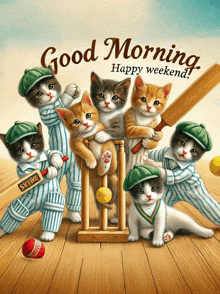 a painting of kittens playing cricket with the words " good morning happy weekend "