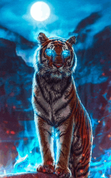 a painting of a tiger with blue eyes and a full moon in the background