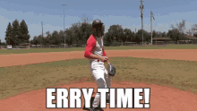 a man in a ny hat is throwing a baseball on a field with the words erry time behind him