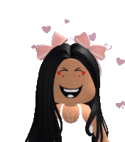 a girl with long black hair and a pink bow on her head is smiling with hearts flying around her .