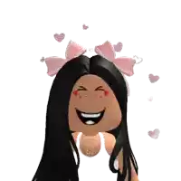 a girl with long black hair and a pink bow on her head is smiling with hearts flying around her .