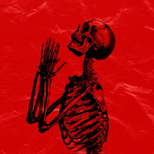 a skeleton on a red background with a hand up