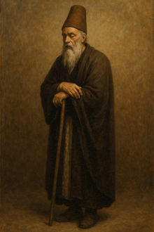 a painting of a man with a beard and a hat holding a cane