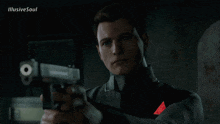 a man holding a gun in a dark room with illusive soul written in the corner