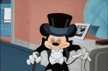 a cartoon of mickey mouse wearing a top hat and cane