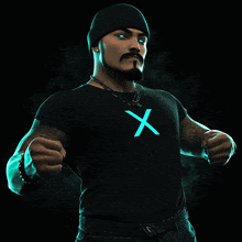 a man wearing a black shirt with an x on the front