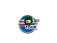 a logo for world tour shows a plane flying around the earth