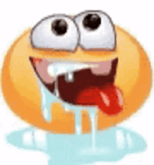a cartoon smiley face with its tongue hanging out and a puddle of liquid coming out of it 's mouth .