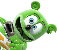 a green gummy bear singing into a microphone with blue eyes