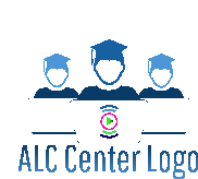 a logo for alc center with a group of people sitting at laptops