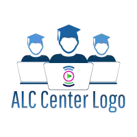 a logo for alc center with a group of people sitting at laptops