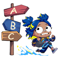 a cartoon character with blue hair is standing in front of a sign that says a b and c