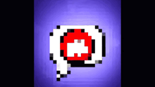 a pixel art of a speech bubble with a red circle in the middle on a purple background