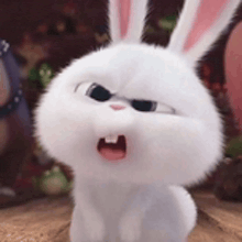 a white rabbit from the secret life of pets is sitting on a wooden table with its mouth open .