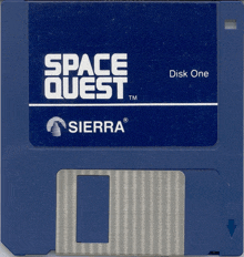 a blue floppy disk with space quest written on it