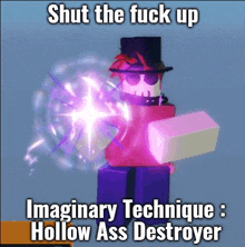 a cartoon character with a top hat and sunglasses is holding a hollow ass destroyer in his hands .