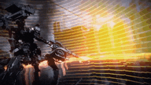 a robot is holding a gun in front of a glowing background