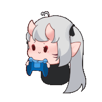 a cartoon drawing of a girl with horns holding a blue game controller