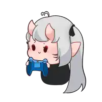 a cartoon drawing of a girl with horns holding a blue game controller