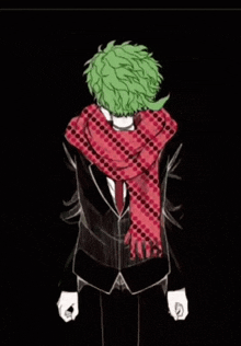 a man with green hair is wearing a suit and tie and a scarf .