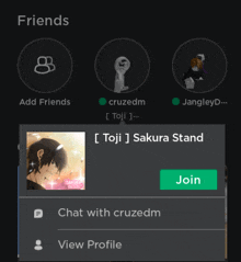 a screenshot of a chat with cruzedm with a picture of toji sakura stand