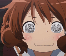 a close up of a girl 's face with swirling eyes